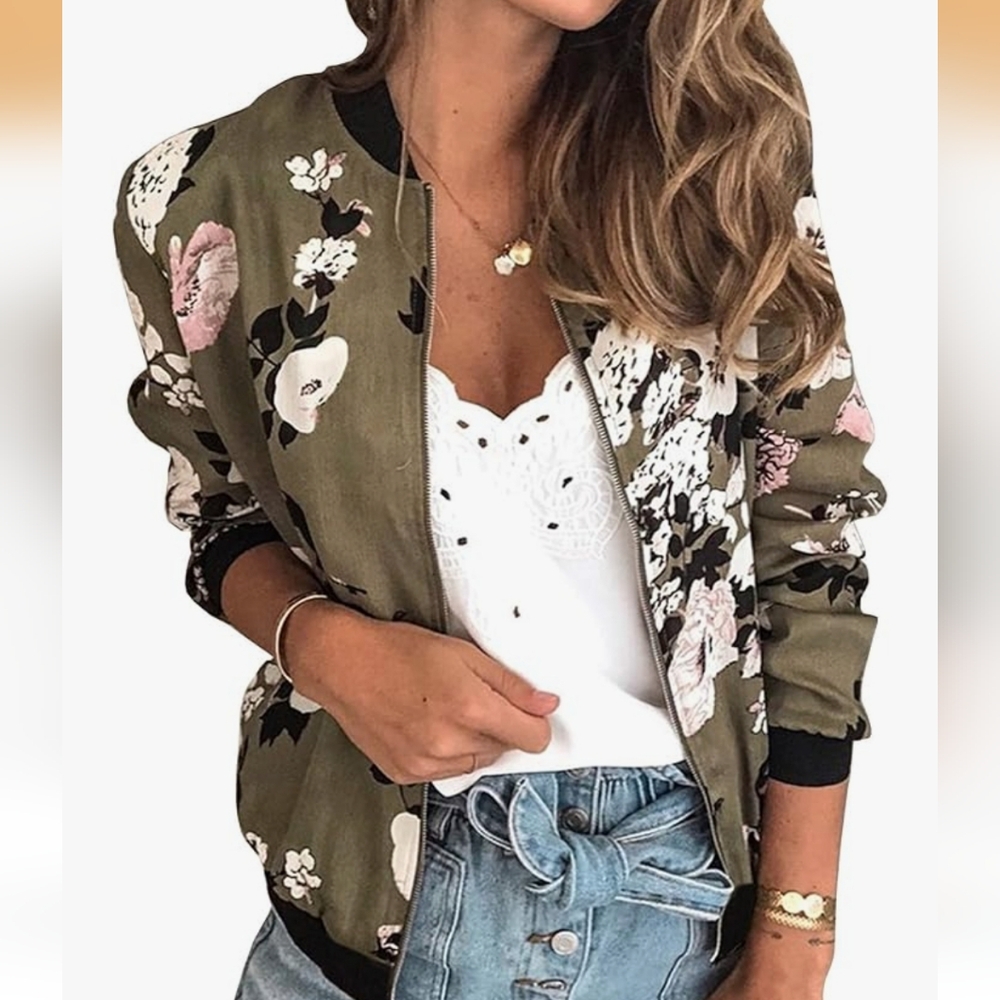 ECOWISH Chic Floral Lightweight Spring Summer Zip Up Bomber Jacket - EUC - Sz XL